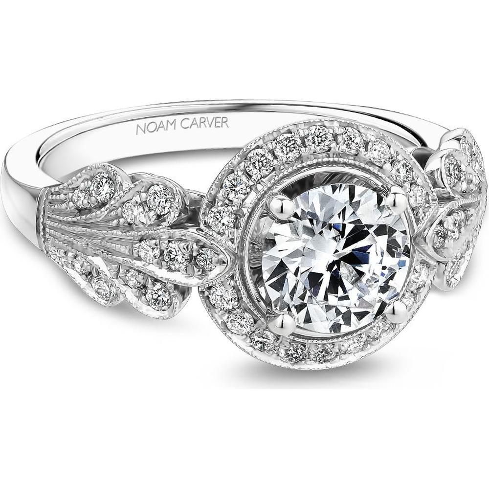 Round Cut Diamond Engagement Ring with Leaf Motifs and Milgrain Detail in White Gold by Noam Carver<em> - Choose Your Center Diamond: 1 to 5 Carats, Sustainable Lab-Grown or Natural Earth-Mined</em>