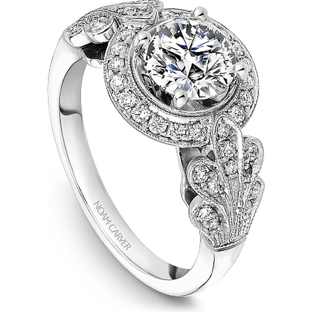 Round Cut Diamond Engagement Ring with Leaf Motifs and Milgrain Detail in White Gold by Noam Carver<em> - Choose Your Center Diamond: 1 to 5 Carats, Sustainable Lab-Grown or Natural Earth-Mined</em>