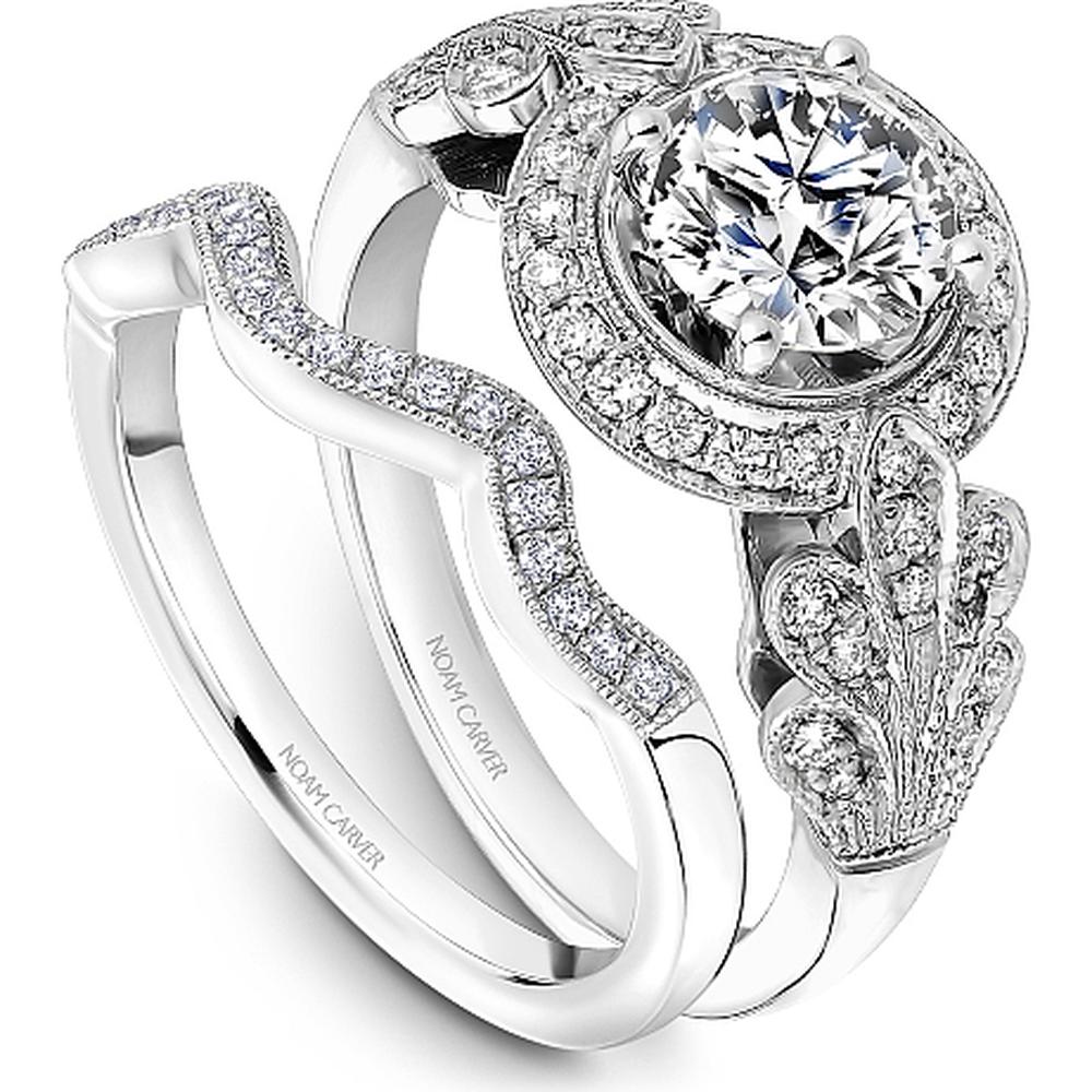 Round Cut Diamond Engagement Ring with Leaf Motifs and Milgrain Detail in White Gold by Noam Carver<em> - Choose Your Center Diamond: 1 to 5 Carats, Sustainable Lab-Grown or Natural Earth-Mined</em>