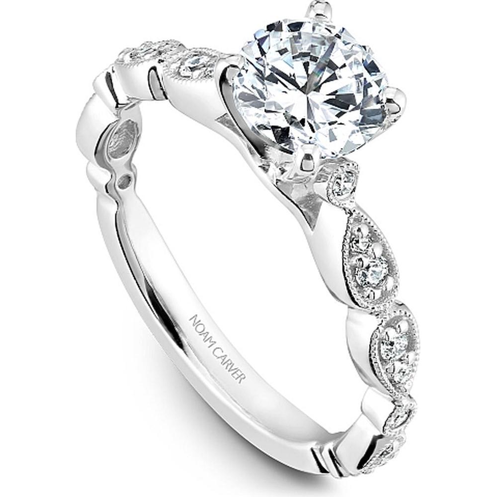 Round Cut Diamond Engagement Ring with Marquise Detailing and Milgrain in White Gold by Noam Carver<em> - Choose Your Center Diamond: 1 to 5 Carats, Sustainable Lab-Grown or Natural Earth-Mined</em>