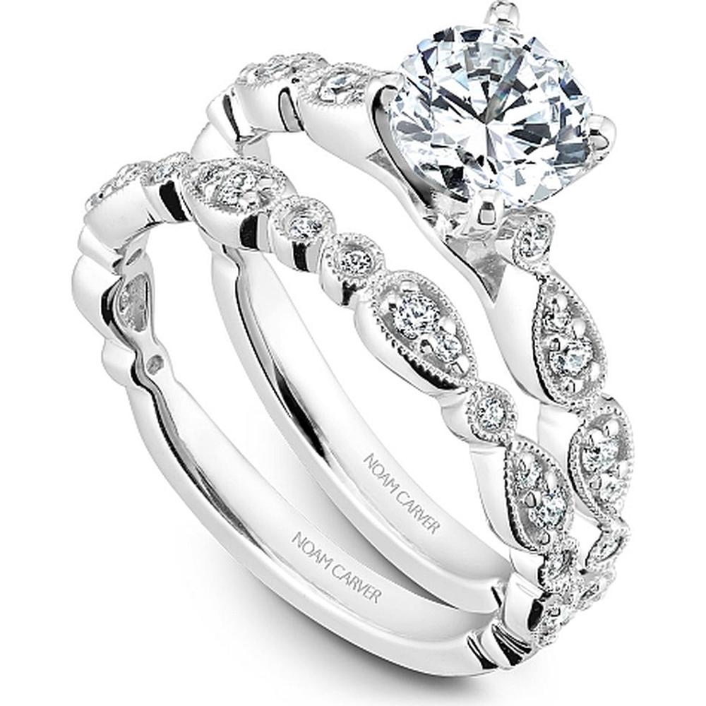 Round Cut Diamond Engagement Ring with Marquise Detailing and Milgrain in White Gold by Noam Carver<em> - Choose Your Center Diamond: 1 to 5 Carats, Sustainable Lab-Grown or Natural Earth-Mined</em>