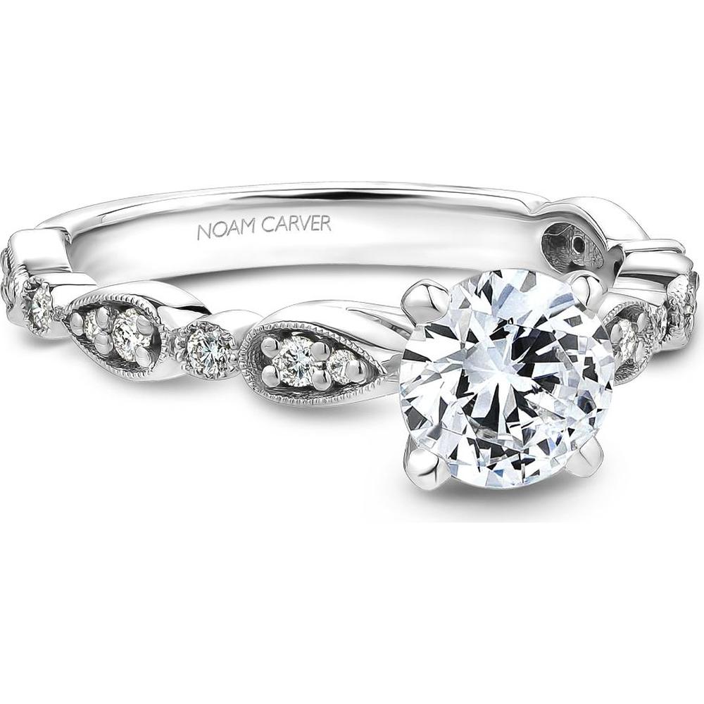 Round Cut Diamond Engagement Ring with Milgrain and Diamond Accents in White Gold by Noam Carver<em> - Choose Your Center Diamond: 1 to 5 Carats, Sustainable Lab-Grown or Natural Earth-Mined</em>