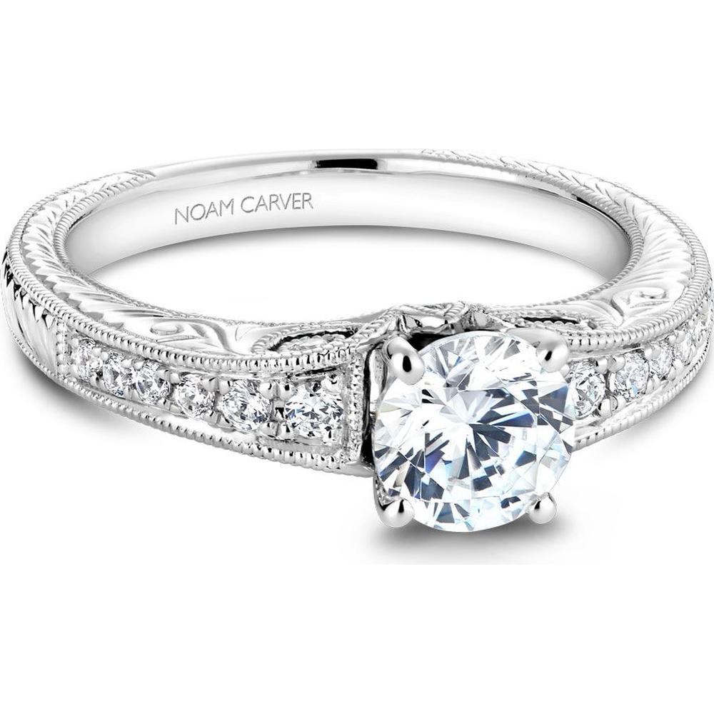 Round Cut Diamond Engagement Ring with Milgrain and Pavé Band in White Gold by Noam Carver<em> - Choose Your Center Diamond: 1 to 5 Carats, Sustainable Lab-Grown or Natural Earth-Mined</em>