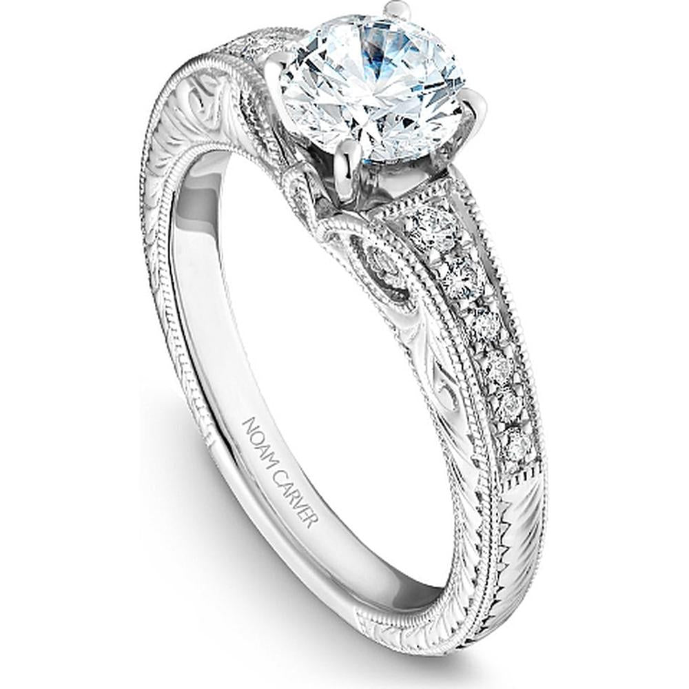 Round Cut Diamond Engagement Ring with Milgrain and Pavé Band in White Gold by Noam Carver<em> - Choose Your Center Diamond: 1 to 5 Carats, Sustainable Lab-Grown or Natural Earth-Mined</em>