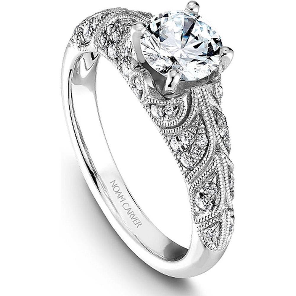 Round Cut Diamond Engagement Ring with Milgrain and Pave-Set Band in White Gold by Noam Carver<em> - Choose Your Center Diamond: 1 to 5 Carats, Sustainable Lab-Grown or Natural Earth-Mined</em>