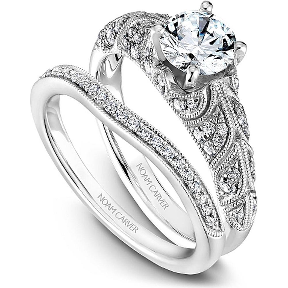Round Cut Diamond Engagement Ring with Milgrain and Pave-Set Band in White Gold by Noam Carver<em> - Choose Your Center Diamond: 1 to 5 Carats, Sustainable Lab-Grown or Natural Earth-Mined</em>