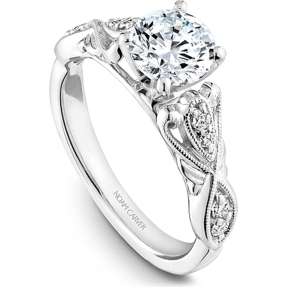 Round Cut Diamond Engagement Ring with Milgrain Detailing and Ornate Band in White Gold by Noam Carver<em> - Choose Your Center Diamond: 1 to 5 Carats, Sustainable Lab-Grown or Natural Earth-Mined</em>