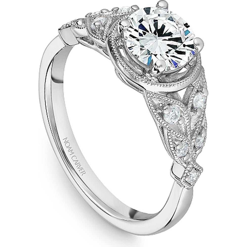 Round Cut Diamond Engagement Ring with Milgrain Halo and Marquise-Shaped Pavé Band in White Gold by Noam Carver<em> - Choose Your Center Diamond: 1 to 5 Carats, Sustainable Lab-Grown or Natural Earth-Mined</em>