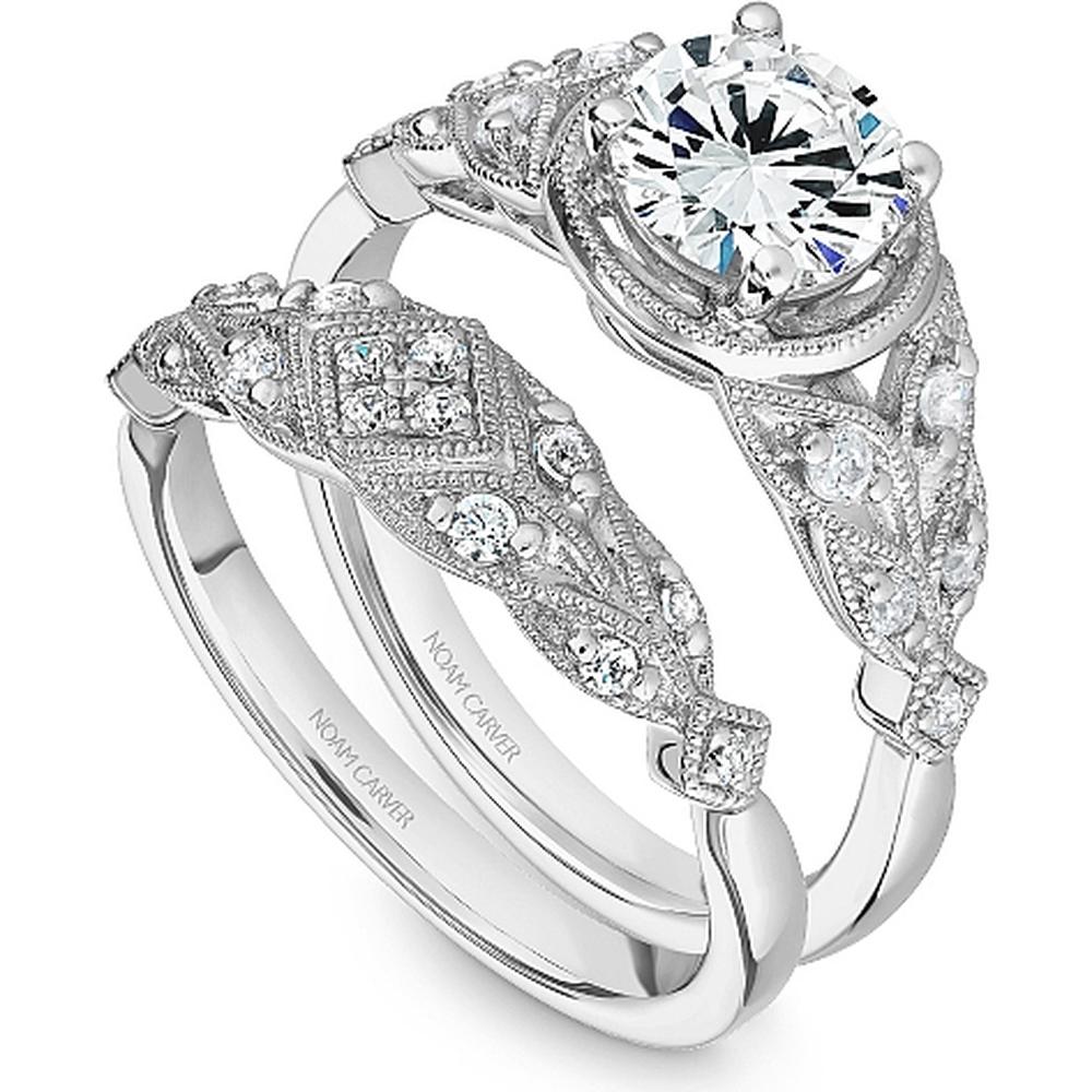 Round Cut Diamond Engagement Ring with Milgrain Halo and Marquise-Shaped Pavé Band in White Gold by Noam Carver<em> - Choose Your Center Diamond: 1 to 5 Carats, Sustainable Lab-Grown or Natural Earth-Mined</em>