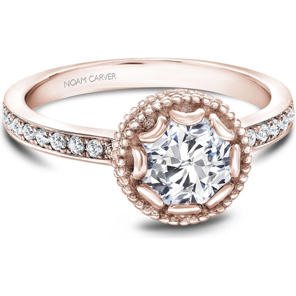 Round Cut Diamond Engagement Ring with Milgrain Halo and Pavé Band in Rose Gold by Noam Carver<em> - Choose Your Center Diamond: 1 to 5 Carats, Sustainable Lab-Grown or Natural Earth-Mined</em>