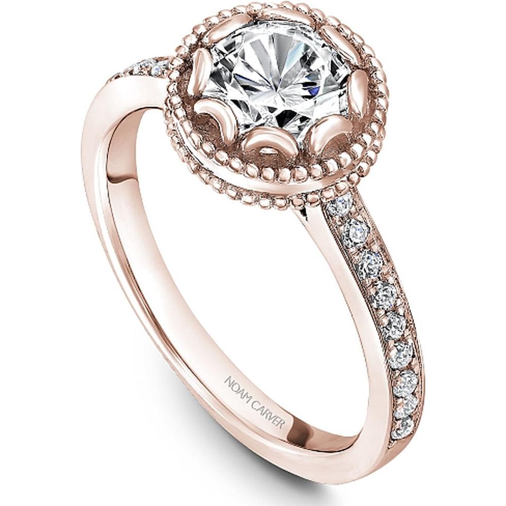 Round Cut Diamond Engagement Ring with Milgrain Halo and Pavé Band in Rose Gold by Noam Carver<em> - Choose Your Center Diamond: 1 to 5 Carats, Sustainable Lab-Grown or Natural Earth-Mined</em>