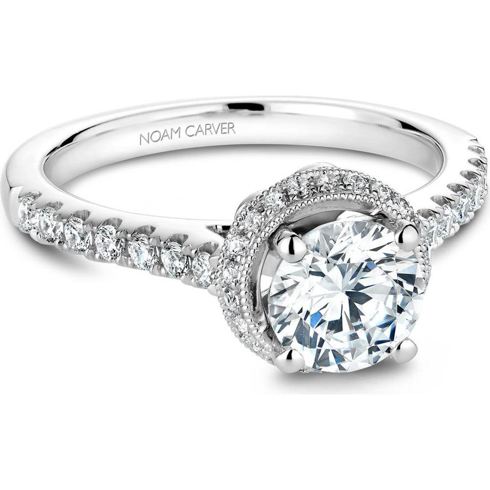 Round Cut Diamond Engagement Ring with Milgrain Halo and Pavé Band in White Gold by Noam Carver<em> - Choose Your Center Diamond: 1 to 5 Carats, Sustainable Lab-Grown or Natural Earth-Mined</em>