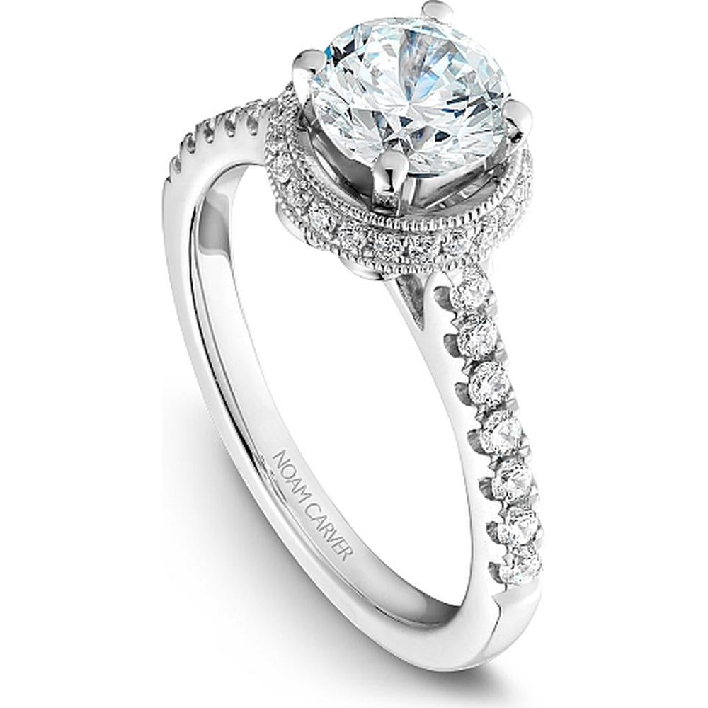 Round Cut Diamond Engagement Ring with Milgrain Halo and Pavé Band in White Gold by Noam Carver<em> - Choose Your Center Diamond: 1 to 5 Carats, Sustainable Lab-Grown or Natural Earth-Mined</em>