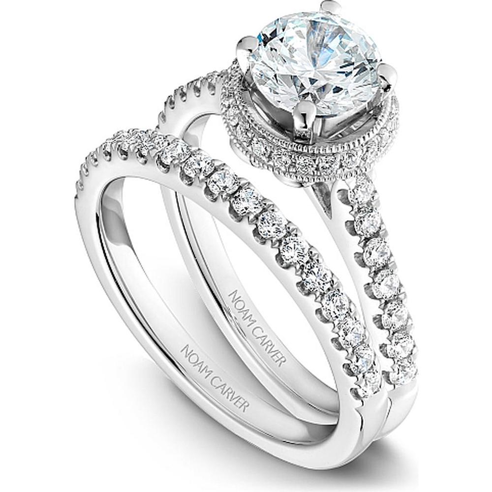 Round Cut Diamond Engagement Ring with Milgrain Halo and Pavé Band in White Gold by Noam Carver<em> - Choose Your Center Diamond: 1 to 5 Carats, Sustainable Lab-Grown or Natural Earth-Mined</em>