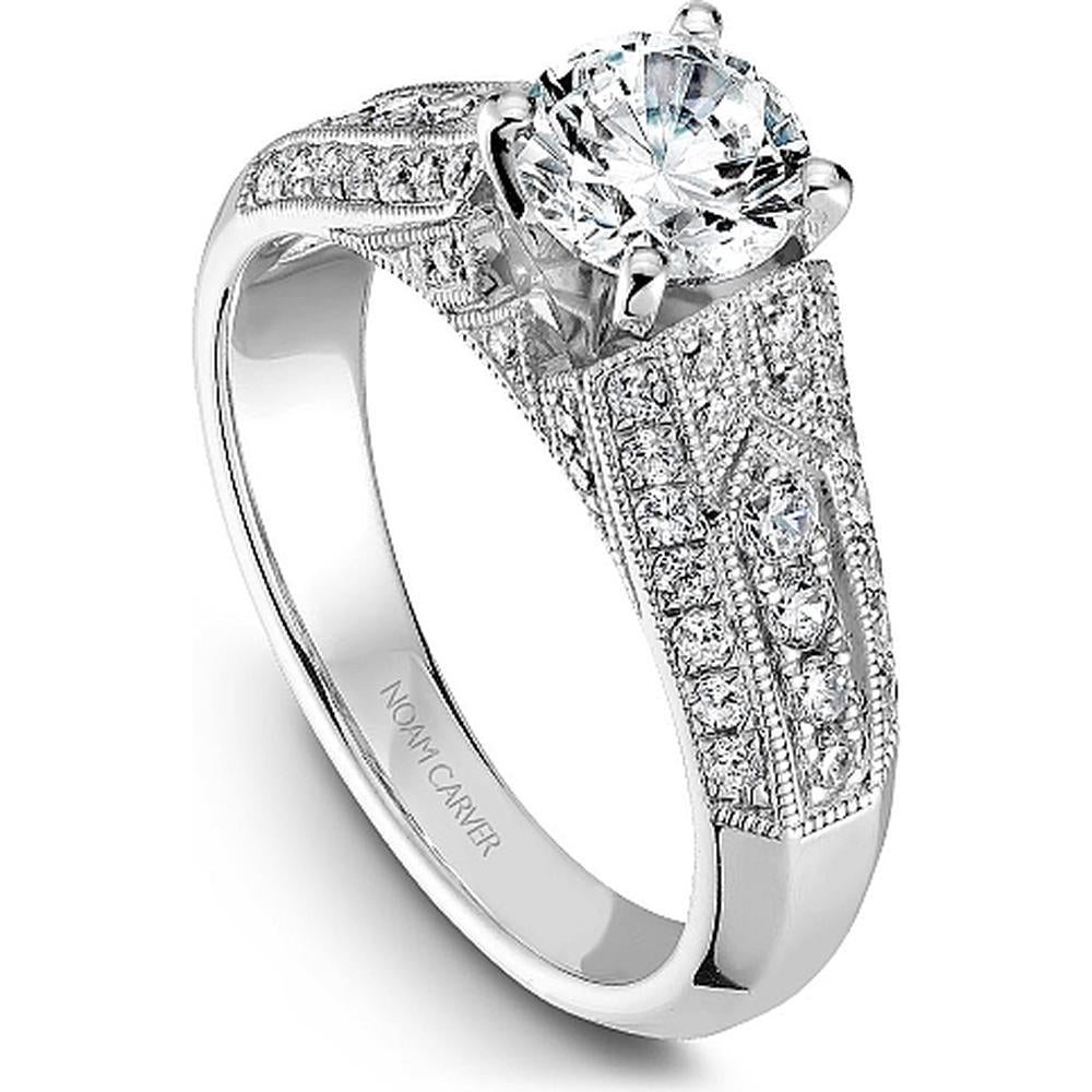 Round Cut Diamond Engagement Ring with Milgrain Pavé Band in White Gold by Noam Carver<em> - Choose Your Center Diamond: 1 to 5 Carats, Sustainable Lab-Grown or Natural Earth-Mined</em>