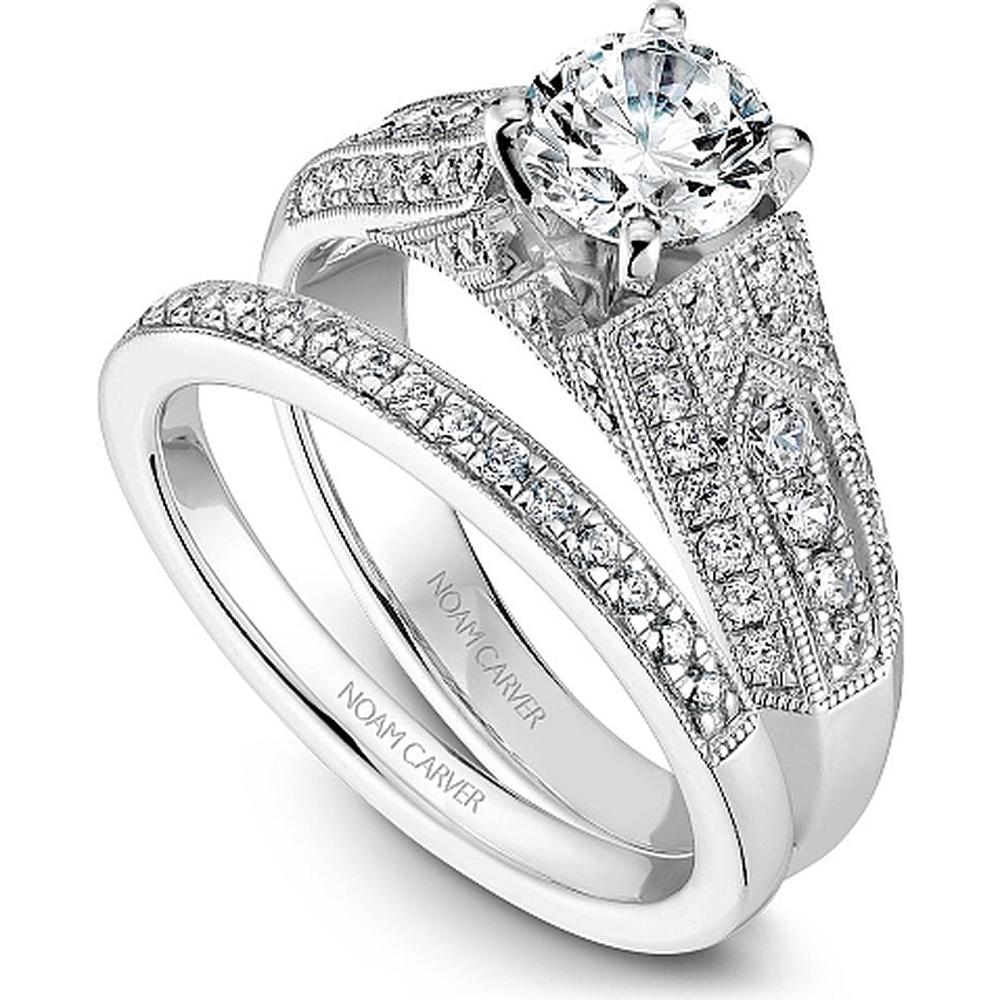 Round Cut Diamond Engagement Ring with Milgrain Pavé Band in White Gold by Noam Carver<em> - Choose Your Center Diamond: 1 to 5 Carats, Sustainable Lab-Grown or Natural Earth-Mined</em>