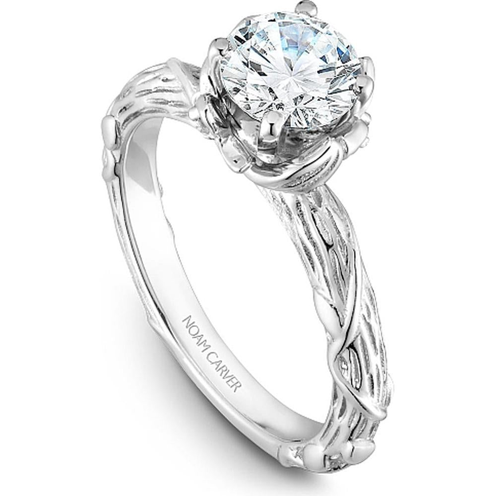 Round Cut Diamond Engagement Ring with Nature-Inspired Band in White Gold by Noam Carver<em> - Choose Your Center Diamond: 1 to 5 Carats, Sustainable Lab-Grown or Natural Earth-Mined</em>