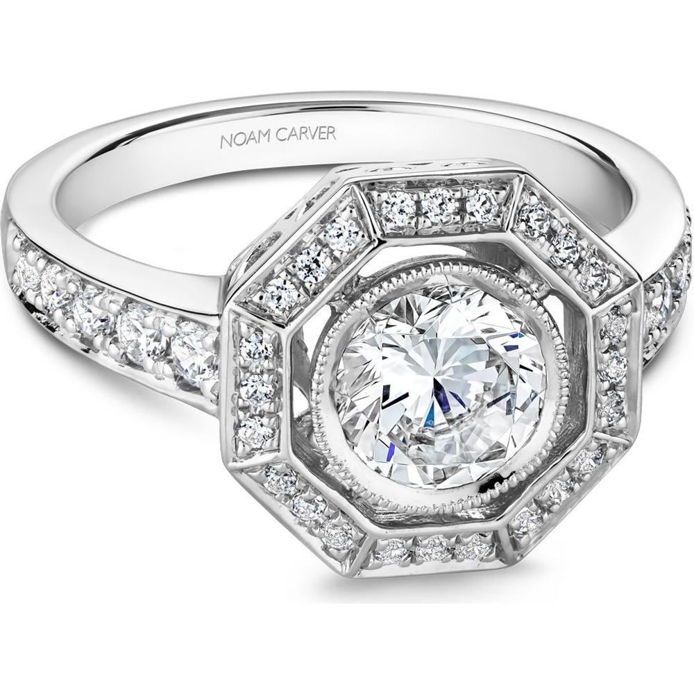Round Cut Diamond Engagement Ring with Octagonal Halo and Pavé Band in ...