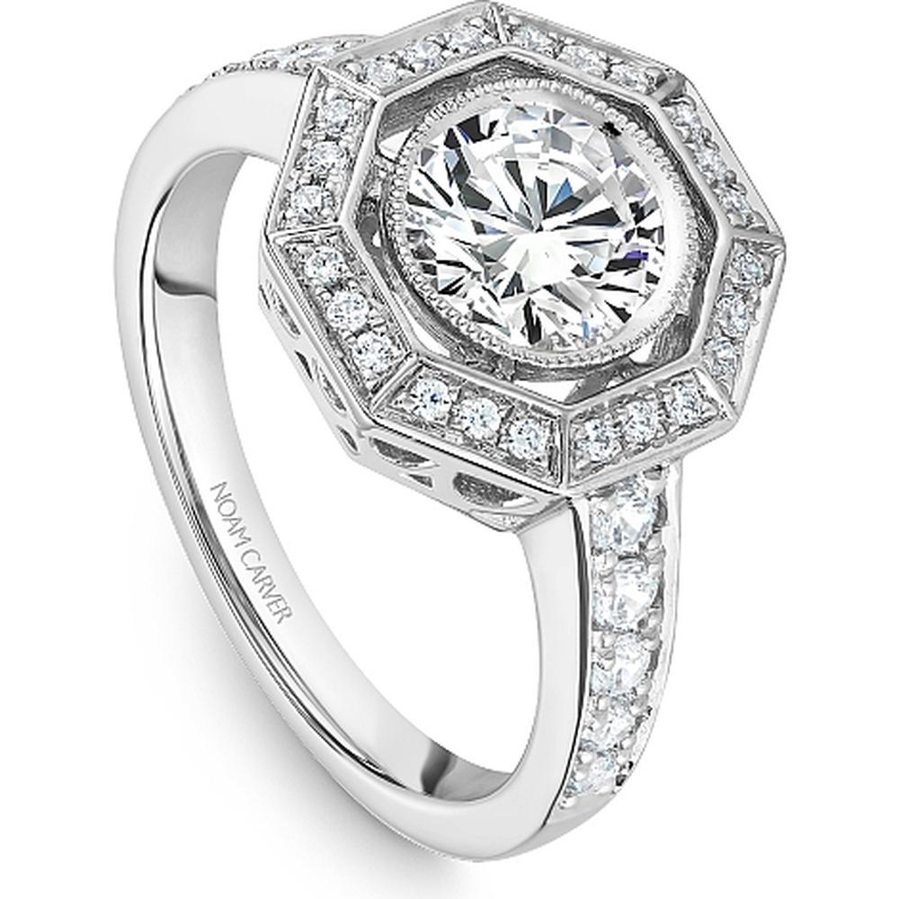Round Cut Diamond Engagement Ring with Octagonal Halo and Pavé Band in White Gold by Noam Carver<em> - Choose Your Center Diamond: 1 to 5 Carats, Sustainable Lab-Grown or Natural Earth-Mined</em>