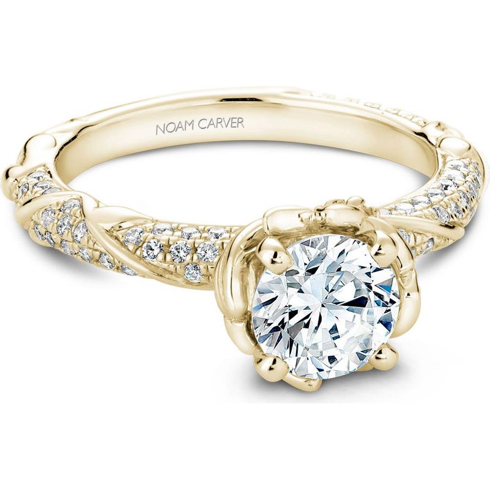 Round Cut Diamond Engagement Ring with Pavé Band and Floral Motif in Yellow Gold by Noam Carver<em> - Choose Your Center Diamond: 1 to 5 Carats, Sustainable Lab-Grown or Natural Earth-Mined</em>