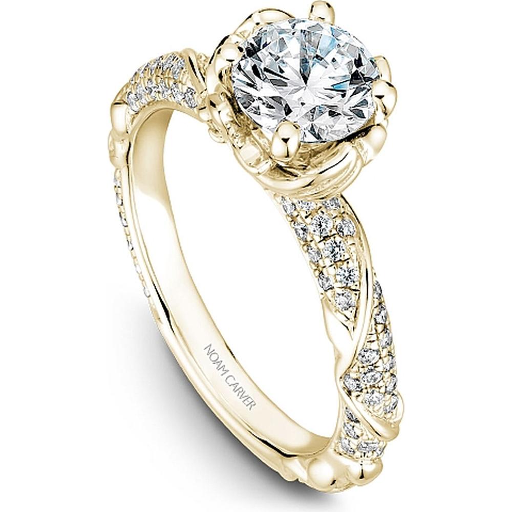 Round Cut Diamond Engagement Ring with Pavé Band and Floral Motif in Yellow Gold by Noam Carver<em> - Choose Your Center Diamond: 1 to 5 Carats, Sustainable Lab-Grown or Natural Earth-Mined</em>