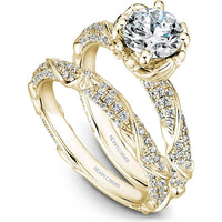 Round Cut Diamond Engagement Ring with Pavé Band and Floral Motif in Yellow Gold by Noam Carver<em> - Choose Your Center Diamond: 1 to 5 Carats, Sustainable Lab-Grown or Natural Earth-Mined</em>