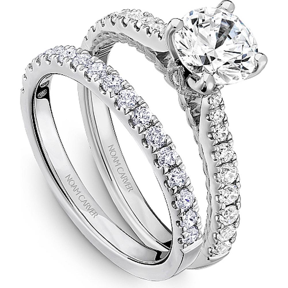 Round Cut Diamond Engagement Ring with Pavé Band and Milgrain Detailing in White Gold by Noam Carver<em> - Choose Your Center Diamond: 1 to 5 Carats, Sustainable Lab-Grown or Natural Earth-Mined</em>