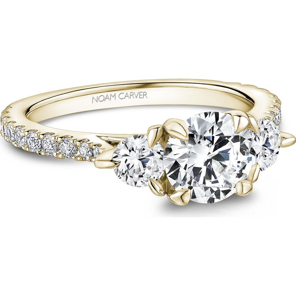 Round Cut Diamond Engagement Ring with Pavé Band, Three-Stone Design, and Four-Prong Setting in Yellow Gold by Noam Carver<em> - Choose Your Center Diamond: 1 to 5 Carats, Sustainable Lab-Grown or Natural Earth-Mined</em>