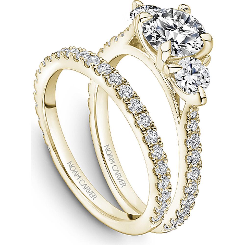 Round Cut Diamond Engagement Ring with Pavé Band, Three-Stone Design, and Four-Prong Setting in Yellow Gold by Noam Carver<em> - Choose Your Center Diamond: 1 to 5 Carats, Sustainable Lab-Grown or Natural Earth-Mined</em>