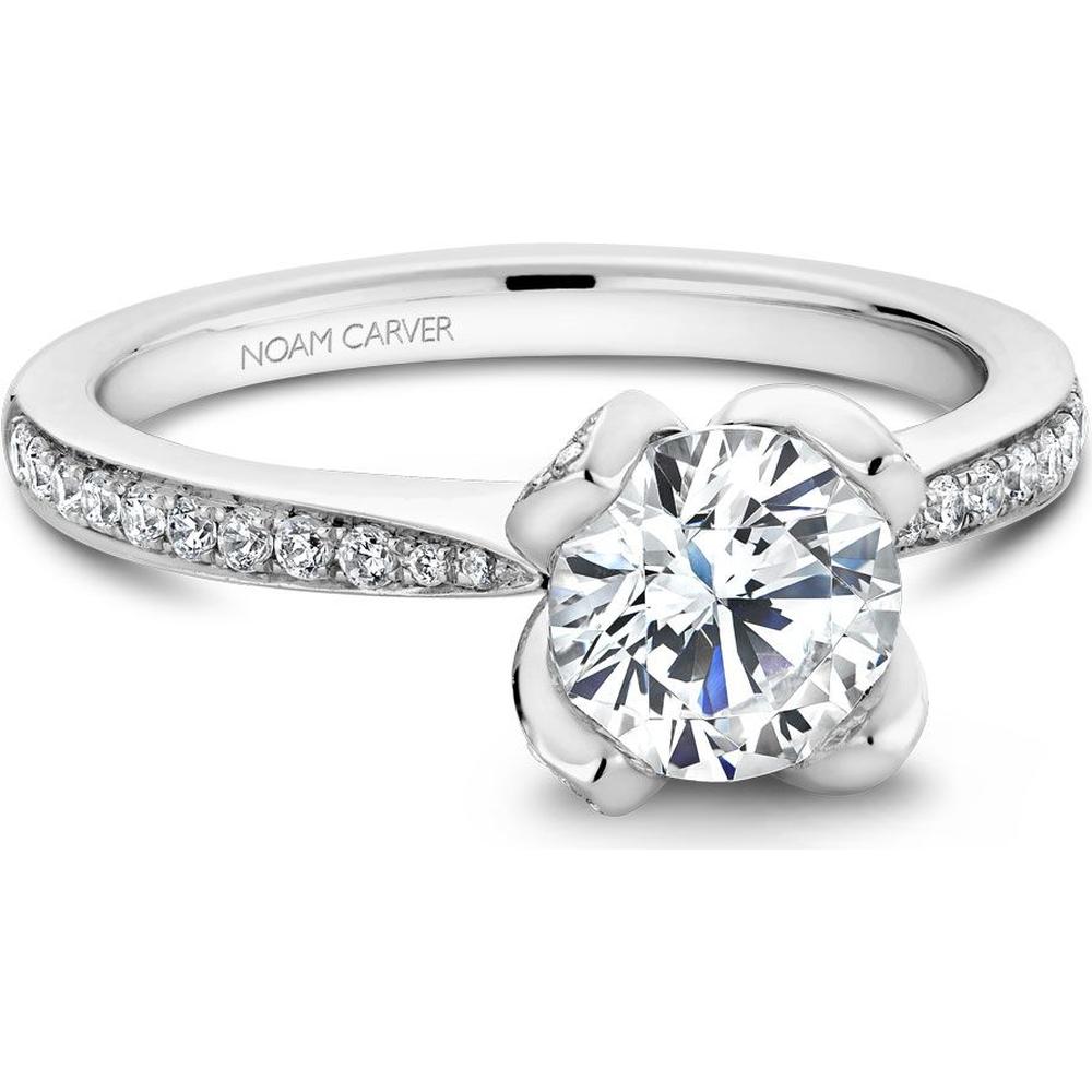 Round Cut Diamond Engagement Ring with Pav&eacute;-Set Floral Prongs and Pav&eacute; Band in White Gold by Noam Carver<em> - Choose Your Center Diamond: 1 to 5 Carats, Sustainable Lab-Grown or Natural Earth-Mined</em>