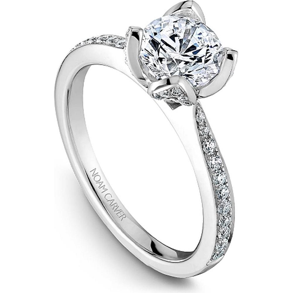 Round Cut Diamond Engagement Ring with Pav&eacute;-Set Floral Prongs and Pav&eacute; Band in White Gold by Noam Carver<em> - Choose Your Center Diamond: 1 to 5 Carats, Sustainable Lab-Grown or Natural Earth-Mined</em>