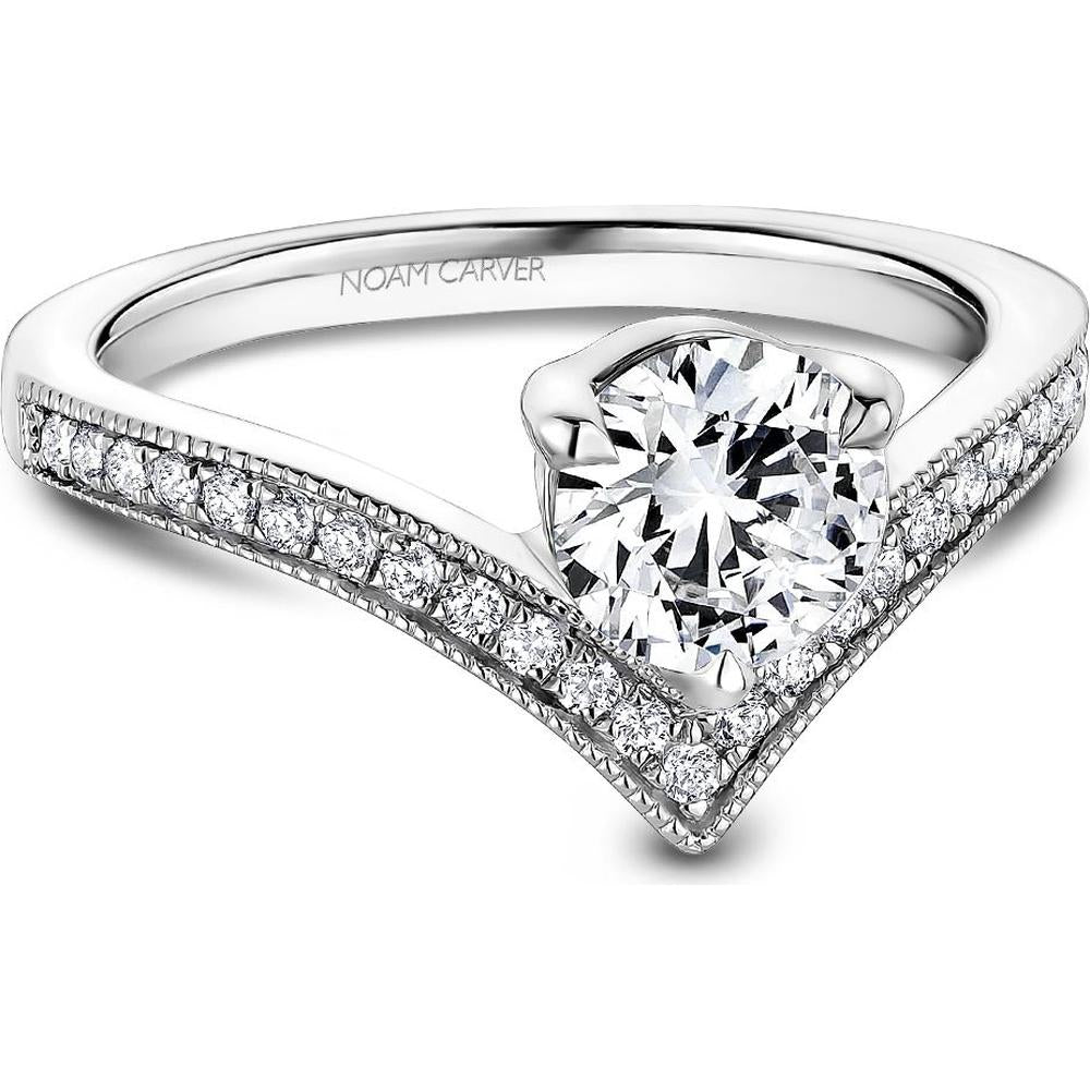 Round Cut Diamond Engagement Ring with Pavé V-Shaped Band in White Gold by Noam Carver<em> - Choose Your Center Diamond: 1 to 5 Carats, Sustainable Lab-Grown or Natural Earth-Mined</em>