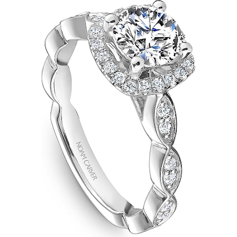 Round Cut Diamond Engagement Ring with Scalloped Band and Halo in White Gold by Noam Carver<em> - Choose Your Center Diamond: 1 to 5 Carats, Sustainable Lab-Grown or Natural Earth-Mined</em>