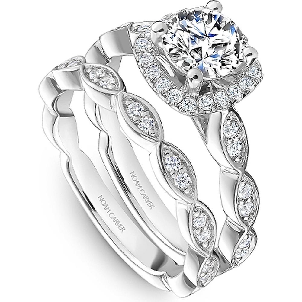 Round Cut Diamond Engagement Ring with Scalloped Band and Halo in White Gold by Noam Carver<em> - Choose Your Center Diamond: 1 to 5 Carats, Sustainable Lab-Grown or Natural Earth-Mined</em>