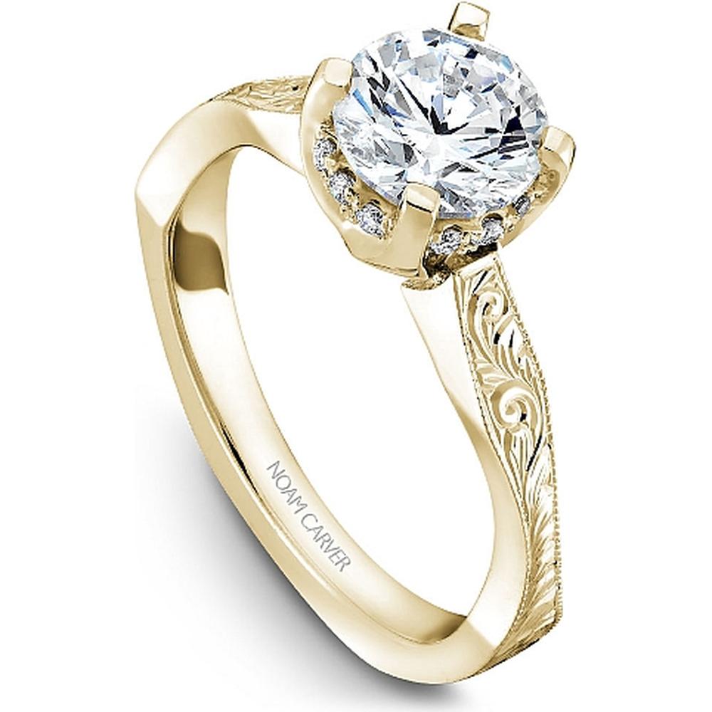 Round Cut Diamond Engagement Ring with Semi-Hidden Halo and Engraved Band in Yellow Gold by Noam Carver<em> - Choose Your Center Diamond: 1 to 5 Carats, Sustainable Lab-Grown or Natural Earth-Mined</em>