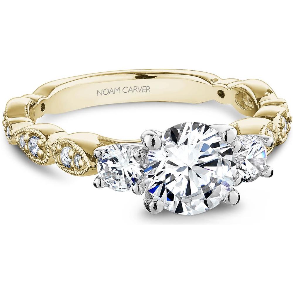 Round Cut Diamond Engagement Ring with Side Stones, Milgrain Detailing, and Marquise Pattern Band in Yellow Gold and White Gold by Noam Carver<em> - Choose Your Center Diamond: 1 to 5 Carats, Sustainable Lab-Grown or Natural Earth-Mined</em>