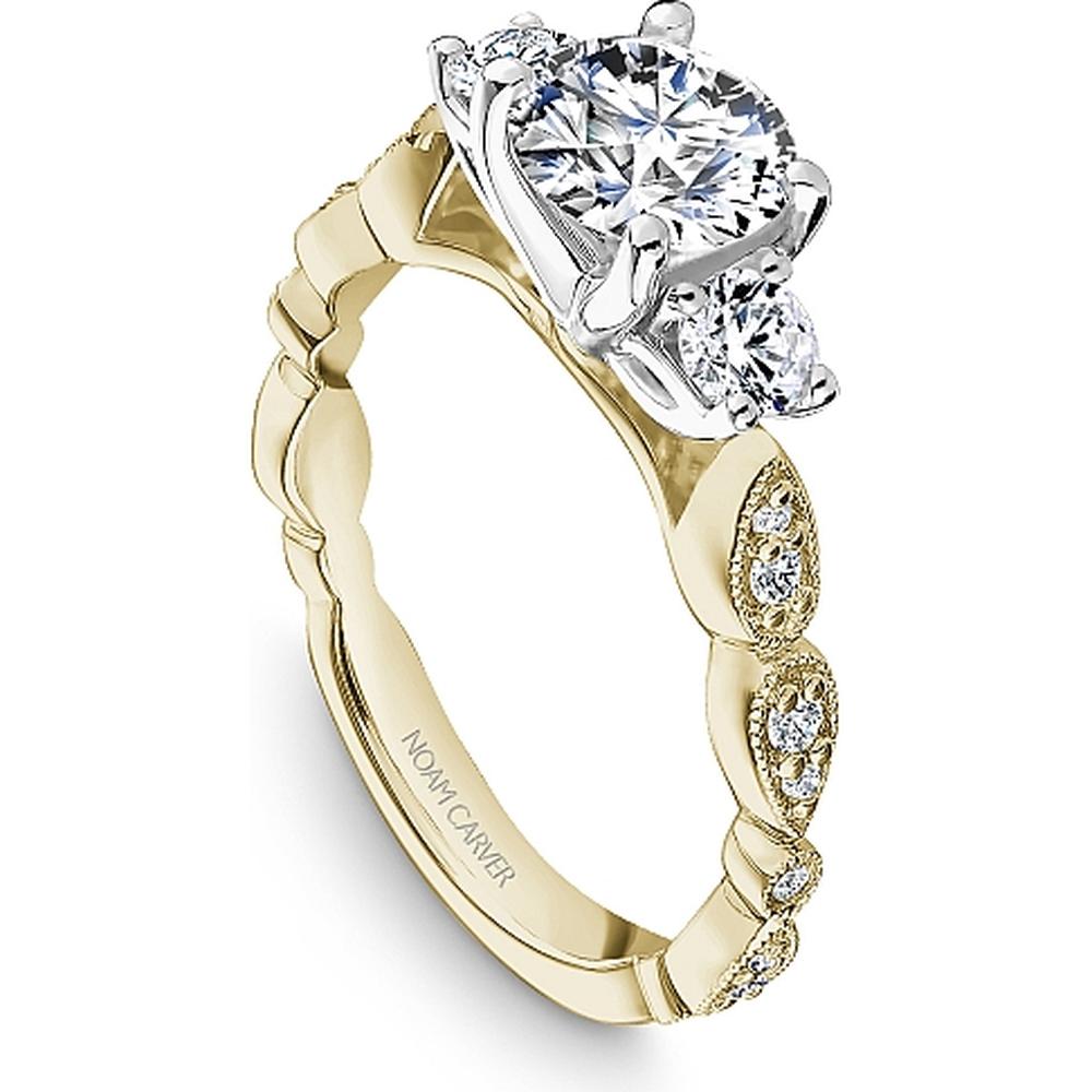 Round Cut Diamond Engagement Ring with Side Stones, Milgrain Detailing, and Marquise Pattern Band in Yellow Gold and White Gold by Noam Carver<em> - Choose Your Center Diamond: 1 to 5 Carats, Sustainable Lab-Grown or Natural Earth-Mined</em>