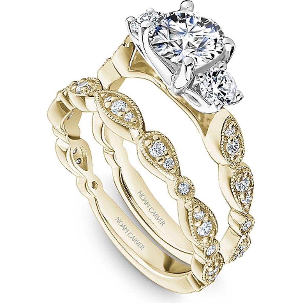 Round Cut Diamond Engagement Ring with Side Stones, Milgrain Detailing, and Marquise Pattern Band in Yellow Gold and White Gold by Noam Carver<em> - Choose Your Center Diamond: 1 to 5 Carats, Sustainable Lab-Grown or Natural Earth-Mined</em>