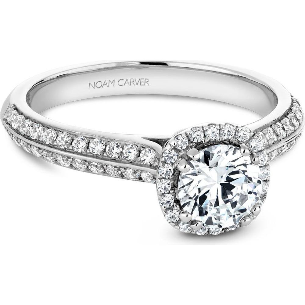 Round Cut Diamond Engagement Ring with Single Halo, Hidden Diamond, and Twin Pavé Band in White Gold by Noam Carver<em> - Choose Your Center Diamond: 1 to 5 Carats, Sustainable Lab-Grown or Natural Earth-Mined</em>