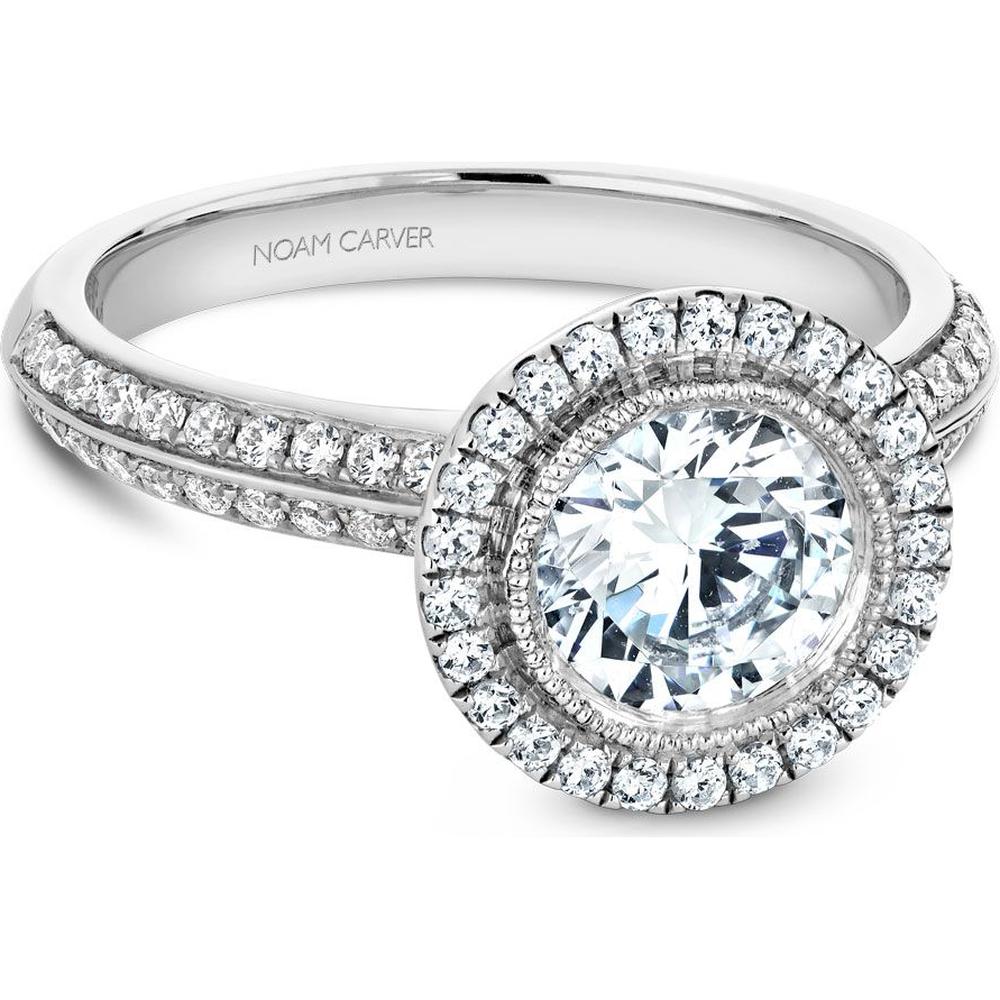 Round Cut Diamond Engagement Ring with Single Halo, Milgrain Detailing, and Twin Pavé Band in White Gold by Noam Carver<em> - Choose Your Center Diamond: 1 to 5 Carats, Sustainable Lab-Grown or Natural Earth-Mined</em>