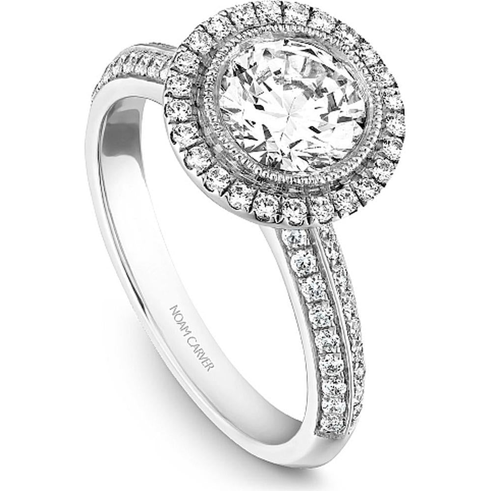 Round Cut Diamond Engagement Ring with Single Halo, Milgrain Detailing, and Twin Pavé Band in White Gold by Noam Carver<em> - Choose Your Center Diamond: 1 to 5 Carats, Sustainable Lab-Grown or Natural Earth-Mined</em>