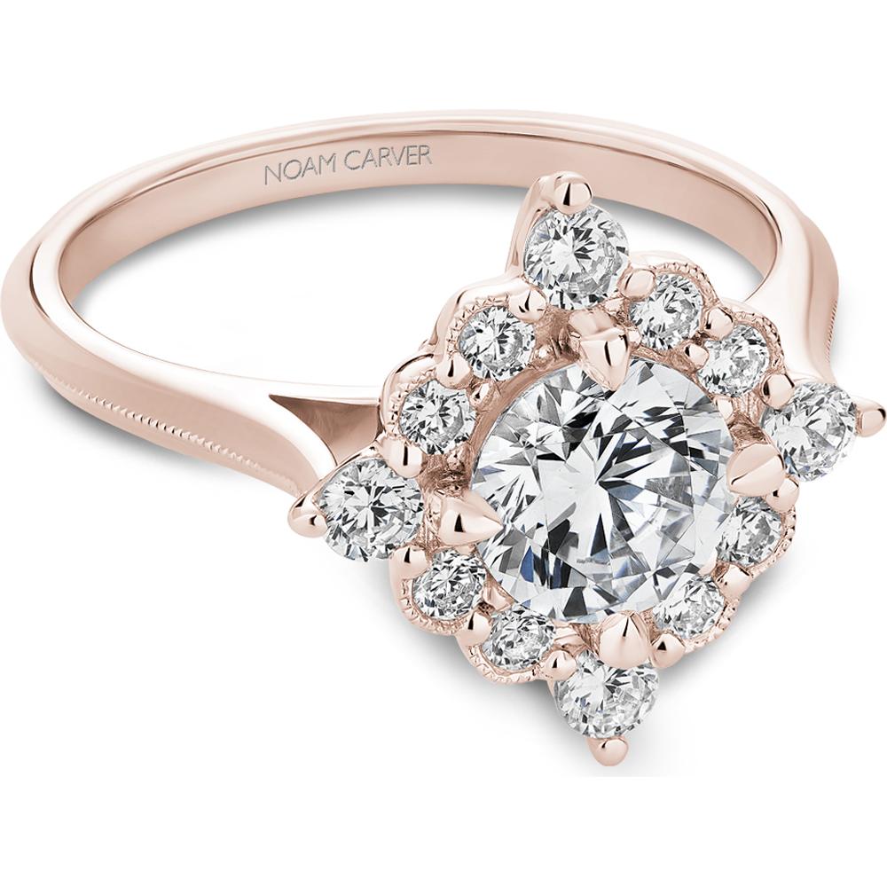 Round Cut Diamond Engagement Ring with Starburst Halo and Milgrain Detailing in Rose Gold by Noam Carver<em> - Choose Your Center Diamond: 1 to 5 Carats, Sustainable Lab-Grown or Natural Earth-Mined</em>