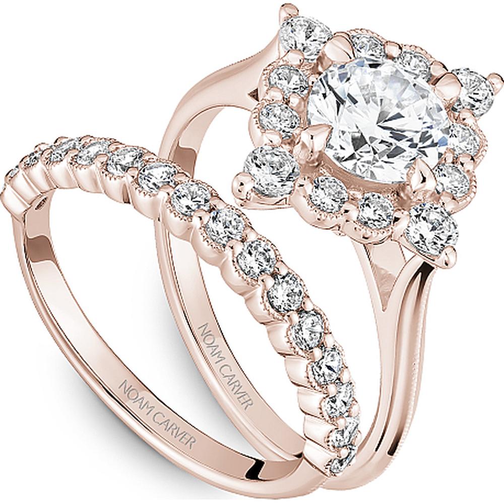 Round Cut Diamond Engagement Ring with Starburst Halo and Milgrain Detailing in Rose Gold by Noam Carver<em> - Choose Your Center Diamond: 1 to 5 Carats, Sustainable Lab-Grown or Natural Earth-Mined</em>