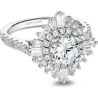 Round Cut Diamond Engagement Ring with Sunburst Halo, Baguette and Round Diamonds, and Pavé Band in White Gold by Noam Carver<em> - Choose Your Center Diamond: 1 to 5 Carats, Sustainable Lab-Grown or Natural Earth-Mined</em>