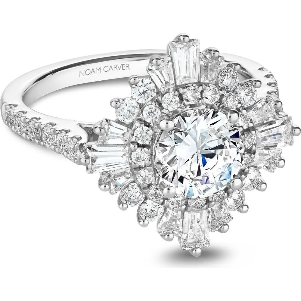 Round Cut Diamond Engagement Ring with Sunburst Halo, Baguette and Round Diamonds, and Pavé Band in White Gold by Noam Carver<em> - Choose Your Center Diamond: 1 to 5 Carats, Sustainable Lab-Grown or Natural Earth-Mined</em>