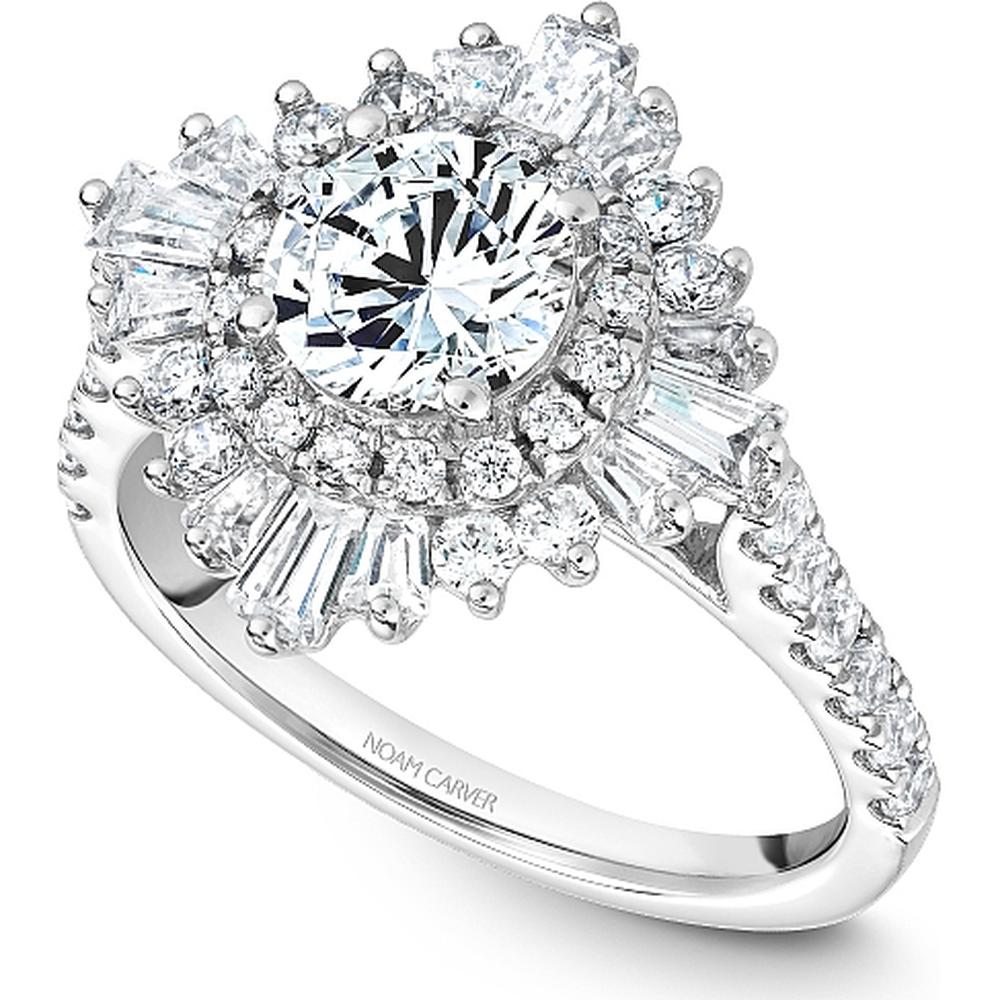 Round Cut Diamond Engagement Ring with Sunburst Halo, Baguette and Round Diamonds, and Pavé Band in White Gold by Noam Carver<em> - Choose Your Center Diamond: 1 to 5 Carats, Sustainable Lab-Grown or Natural Earth-Mined</em>