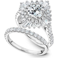 Round Cut Diamond Engagement Ring with Sunburst Halo, Baguette and Round Diamonds, and Pavé Band in White Gold by Noam Carver<em> - Choose Your Center Diamond: 1 to 5 Carats, Sustainable Lab-Grown or Natural Earth-Mined</em>