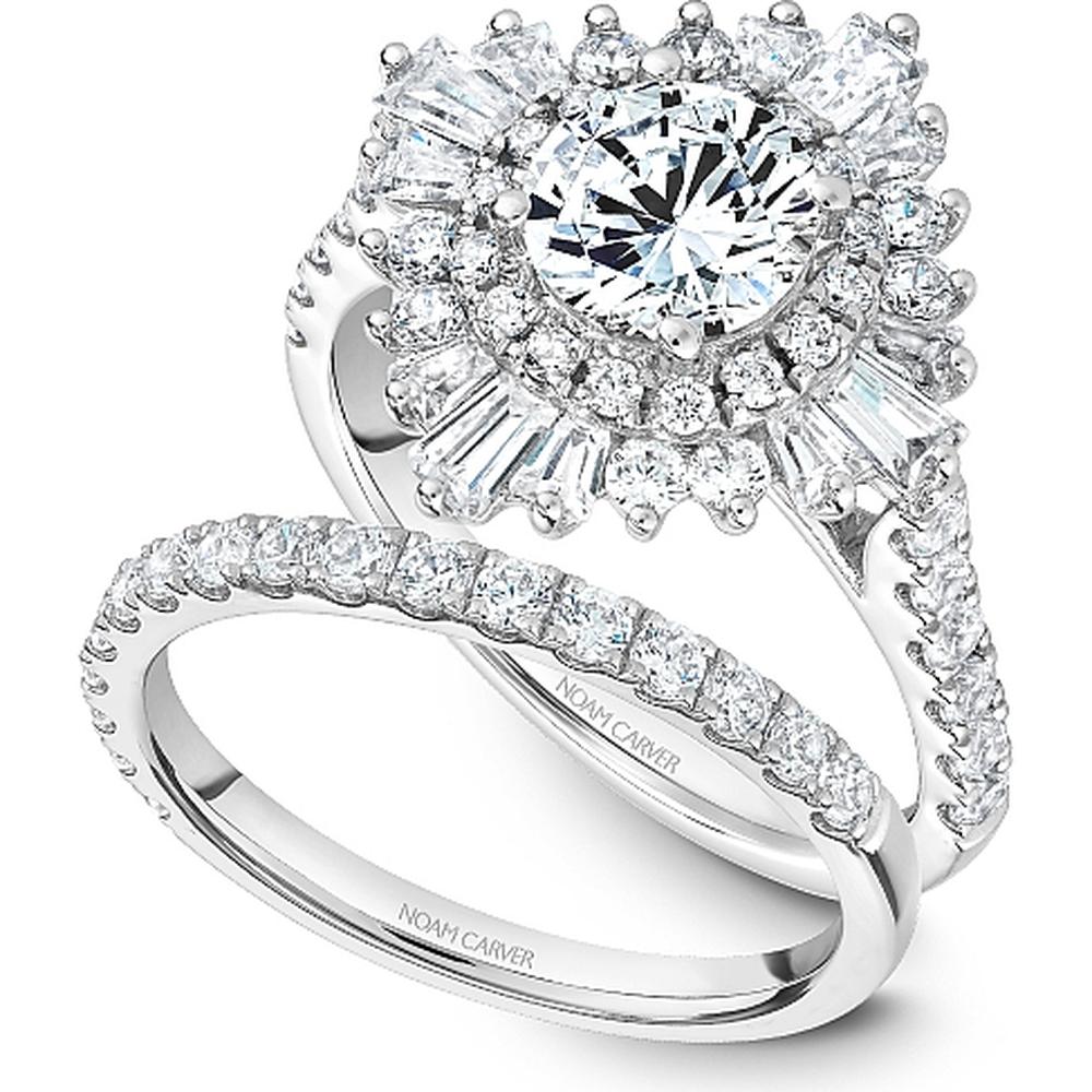 Round Cut Diamond Engagement Ring with Sunburst Halo, Baguette and Round Diamonds, and Pavé Band in White Gold by Noam Carver<em> - Choose Your Center Diamond: 1 to 5 Carats, Sustainable Lab-Grown or Natural Earth-Mined</em>