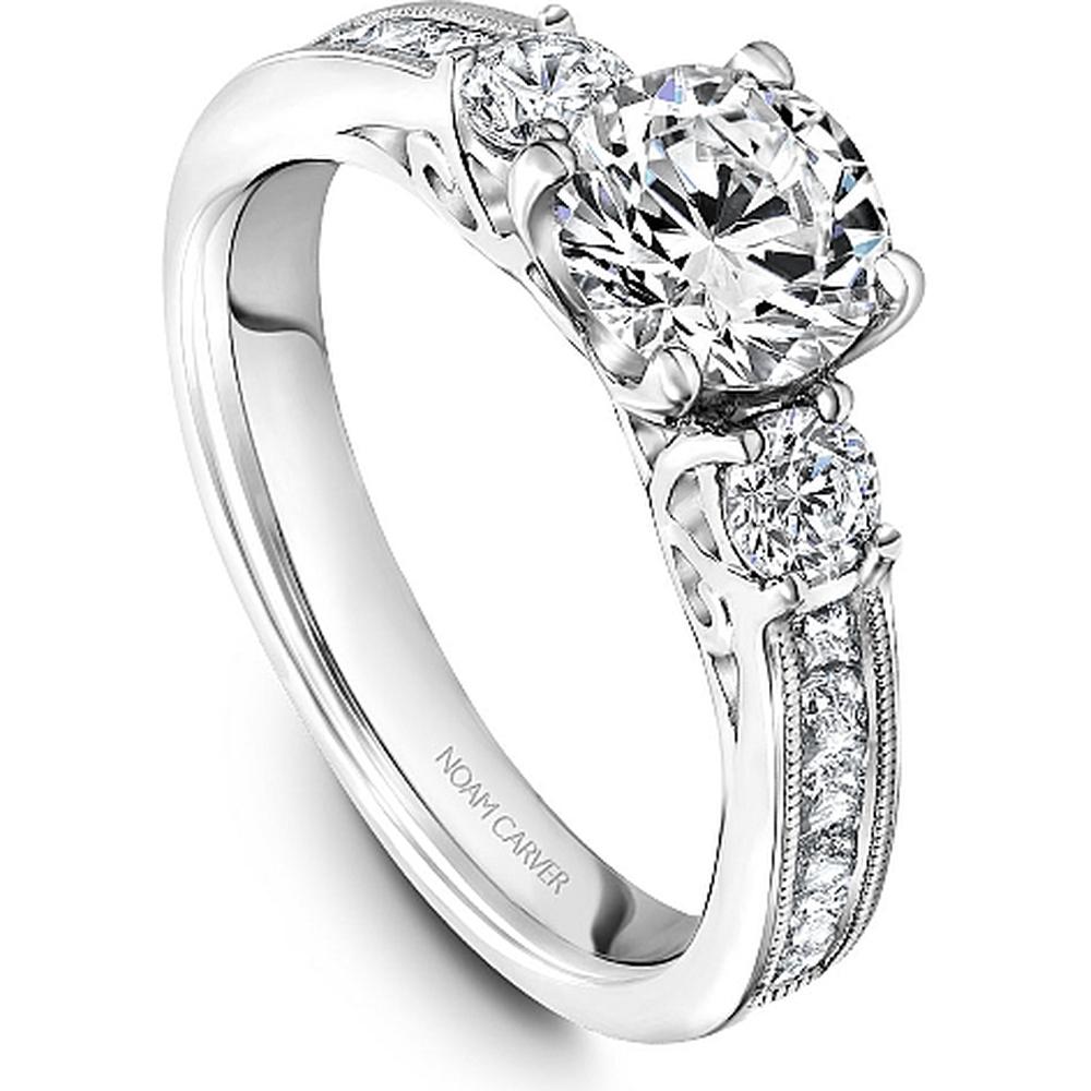 Round Cut Diamond Engagement Ring with Trilogy Setting and Channel-Set Princess-Cut Diamonds in White Gold by Noam Carver<em> - Choose Your Center Diamond: 1 to 5 Carats, Sustainable Lab-Grown or Natural Earth-Mined</em>
