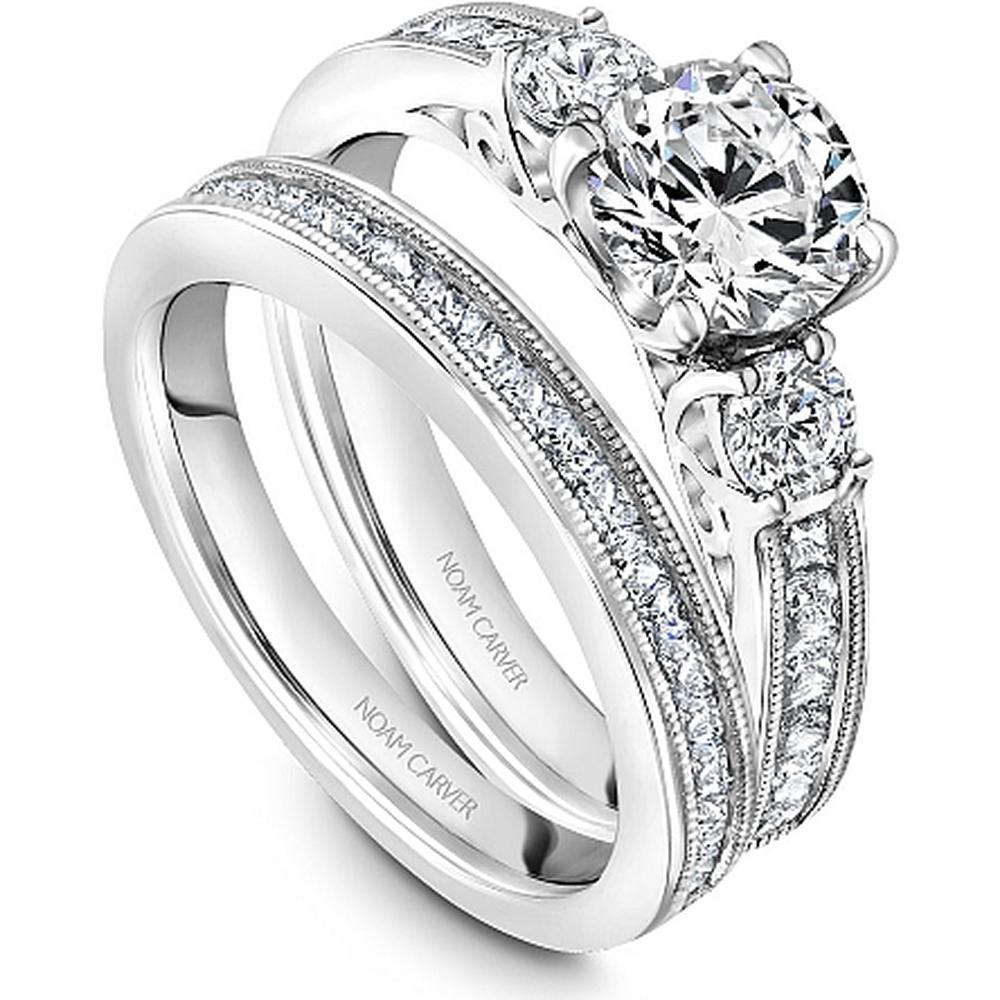 Round Cut Diamond Engagement Ring with Trilogy Setting and Channel-Set Princess-Cut Diamonds in White Gold by Noam Carver<em> - Choose Your Center Diamond: 1 to 5 Carats, Sustainable Lab-Grown or Natural Earth-Mined</em>